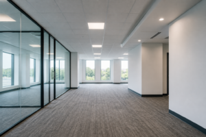 professional commercial painters working in a modern office with clean white walls and glass offices